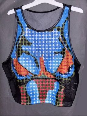 Size S Graphic Mesh Sheer Crop Top - Blue, Red, Black